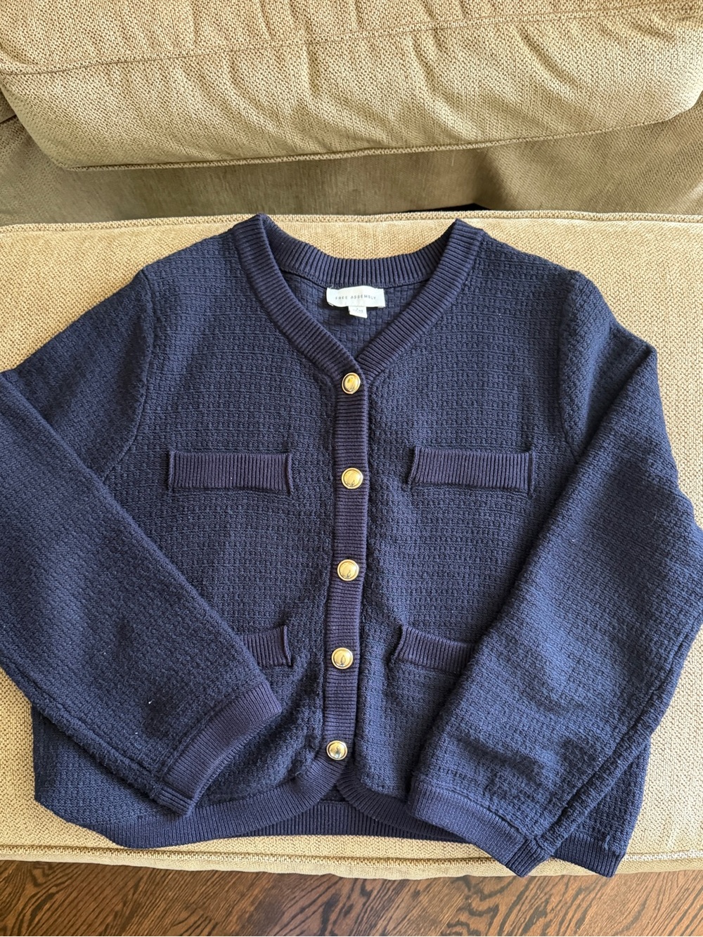 Free Assembly Navy Textured Knit Cardigan Jacket Gold Buttons L 12-14